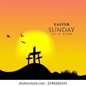 Vector landscape on religious theme with words Easter Sunday, He is risen. Easter illustration with mount Calvary and a silhouettes of three crosses at sunset. Banner for Easter or good Friday