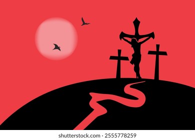 Vector landscape on religious theme with mount Calvary - Banner for Easter or good Friday