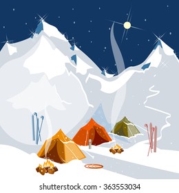 Vector landscape on the theme of mountaineering, trekking, climbing, hiking. Camping in tents in the mountains tourism and extreme sports, outdoor recreation, adventure 