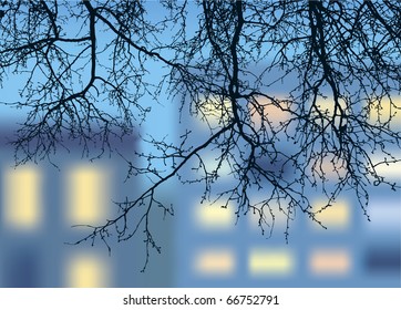 Vector landscape. Openwork silhouette of the descending branches on a background of luminous windows