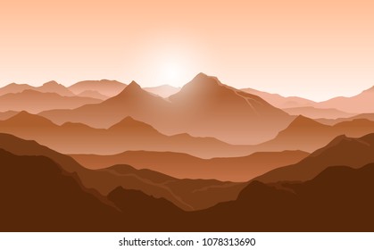Vector landscape with orange silhouettes of mountains and evening sunlight