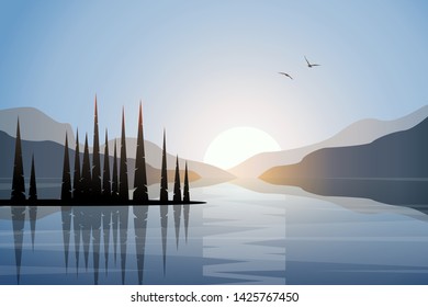 Vector landscape, outdoor view of sunrise at mountain lake in nature reserve. Beautiful morning scene from hiking trip or summer vacation. Simple background in flat style.