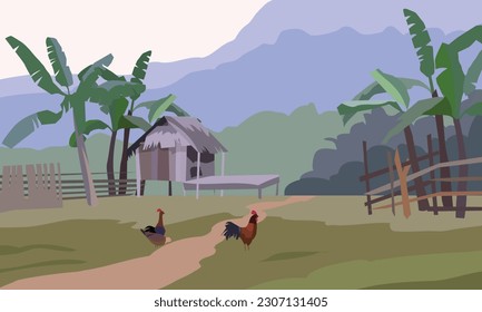 Vector landscape in the outskirts with chicken pets