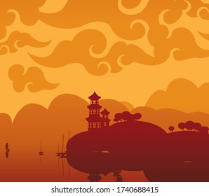 Vector landscape with a pagoda on the shore of a lake or river in brown and orange colors. Decorative illustration in the style of Japanese and Chinese watercolors