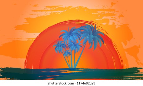Vector landscape of palm trees on a background of abstract sky and sun. EPS 10.