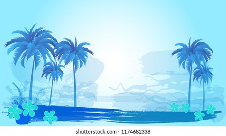 Vector landscape of palm trees on a background of abstract sky and sun. EPS 10.