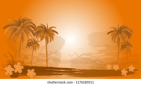 Vector landscape of palm trees on a background of abstract sky and sun. EPS 10.