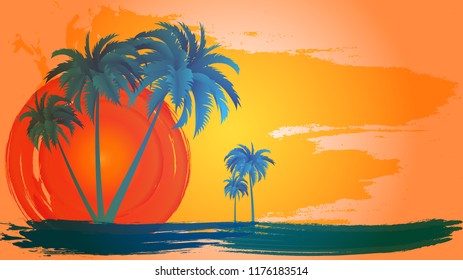 Vector landscape of palm trees on a background of abstract sky and sun. EPS 10.