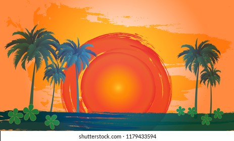 Vector landscape of palm trees on a background of abstract sky and sun. EPS 10.