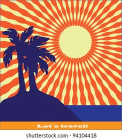 Vector landscape with palm trees, sea and sunsets