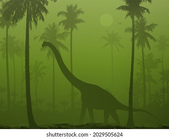 Vector landscape with palms and dinosaur 