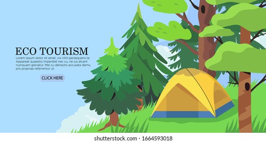 Vector landscape or panorama of a camping place in a forest or park. Outdoor adventure and nature eco tourism concept illustration for banners, flyers, landing page design. Campsite in woods scenery.