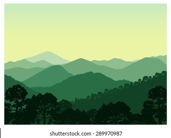 Vector landscape. Panorama of green mountains.