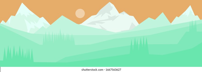Vector landscape panorama with mountain range in neo mint color tones.