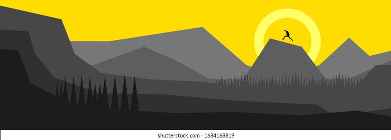 Vector landscape panorama with mountain range and trail running in minimalist black color tones.