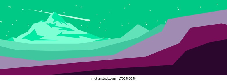 Vector landscape panorama with mountain range, star and sky in aqua menthe color tones.