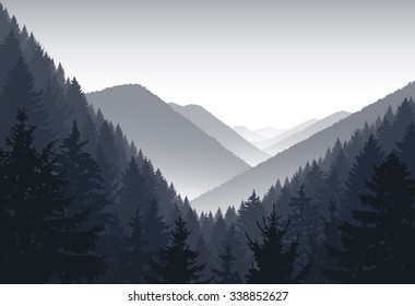  Vector landscape. Panorama of mountains. Black and white tones. Sunset. Mist. 