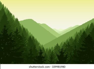 Vector landscape. Panorama of mountains. Evergreen trees. Green and yellow tones.