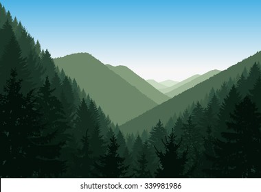 Vector landscape. Panorama of mountains. Evergreen trees. Natural tones.
