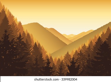Vector landscape. Panorama of mountains. Evergreen trees. Golden tones.