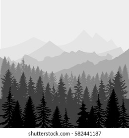 Vector landscape. Panorama of mountains and fores silhouette. illustration