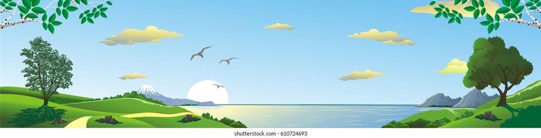 Vector landscape, panorama - mountains on the sea horizon. Path to the sea. Bay. Sunrise. The trees in the foreground