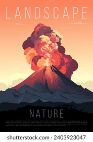 Vector landscape panorama of mountains with a smoking explosion of a volcano, a crater and erupting liquid magma, rocks and trees. Mountain Volcano Crater Hot Natural design poster with space for text