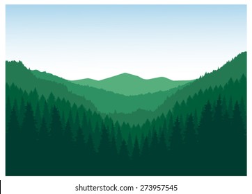  Vector landscape. Panorama of mountains. Valley(canyon). Three peaks. Green tones. Eps 10