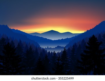  Vector landscape. Panorama of mountains. Valley(canyon). Three peaks. Evening. Aurora. Eps 10.