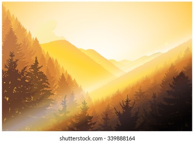  Vector landscape. Panorama of mountains. Yellow tones. Autumn. Rays of lights. Eps 10.