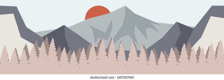 Vector landscape panorama with pine trees and mountain range in earth color tones.