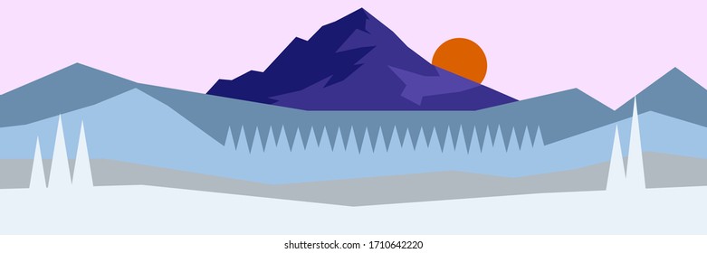 Vector landscape panorama with pine trees and mountain range in phantom blue color tones.