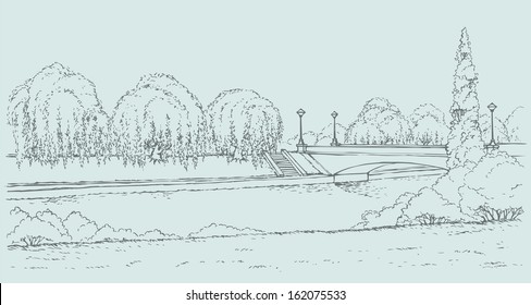 Vector landscape. Panoramic views of the river promenade with green willow trees and lush shrubbery and a bridge with lanterns