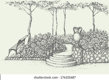 Vector landscape.  Park bench under tree near stairs with ancient amphora surrounded by blooming flowerbeds