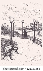 Vector landscape. Park promenade with benches and round headlights. Young couple enjoying a beautiful view of the river with a sailboat and a bridge to the other bank of the modern high-rises