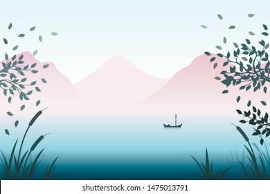 Vector landscape with pastel pink mountains, lonely boat with a fisherman and blue foggy lake, means calm and joy. Morning light in garden. Wallpaper