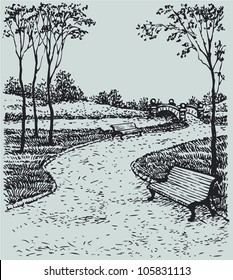 Vector landscape. The path to the bridge over the river with benches for peaceful park trees