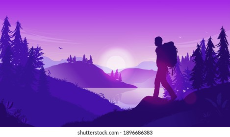 Vector landscape with person walking - Backpacker in nature scene with sunrise, hills, water and forest illustration.