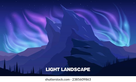 Vector landscape. A picture of the aurora borealis and a mountain range. Night starry landscape. Saturated colors of light. The north in all its glory.