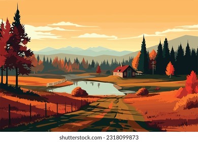 Vector Landscape picture Modern Autumn