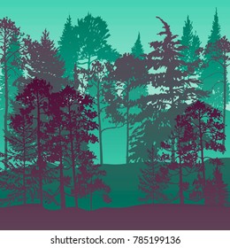 vector landscape with pine and fir trees, abstract nature background, forest template, hand drawn illustration