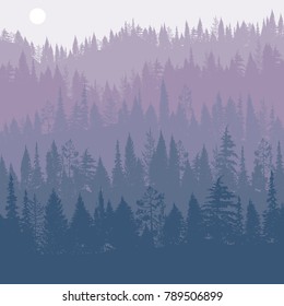 vector landscape with pine and fir trees, abstract nature background, forest template, hand drawn illustration