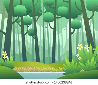 Vector landscape with pine forest in Spring. Background of cartoon style, EPS 10 vector.