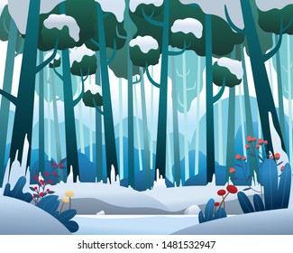 Vector landscape with pine forest in Winter. Background of cartoon style, EPS 10 vector.