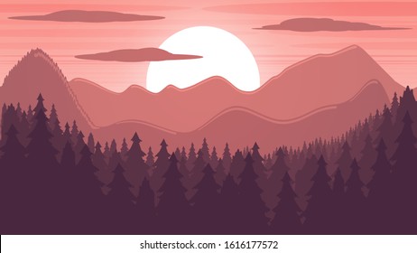 Vector landscape. Pink sunset in the mountains above the forest. Stock background.