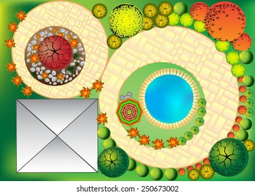 Vektor-Landschaftsplan mit Baumkurren-Symbolen