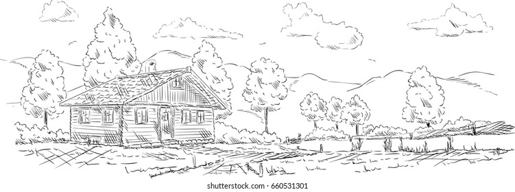 vector -  landscape with pond and house - isolated on background