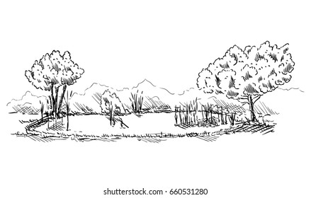 vector -  landscape with pond- isolated on background