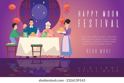 Vector landscape poster illustration of Mid autumn festival. A happy family gathered at a deliciously laid table with moon cake, full moon, chinese lantern to celebrate. Asian traditional holiday.