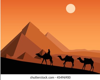 vector  landscape with pyramids and camels